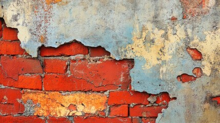 Fototapeta premium Weathered red brick wall texture with peeling paint and grungy appearance perfect for design and artistic projects showcasing urban decay.