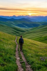 Fototapeta premium Hiker explores lush green hillside at sunset near mountains