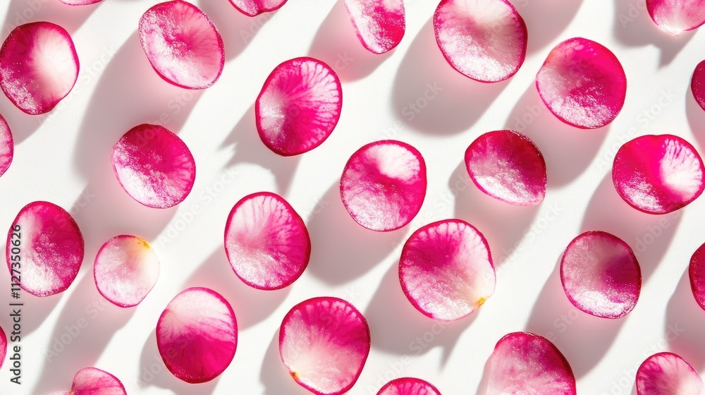 Poster radish slices arranged on a white background with shallow depth of field creating vibrant shadows an