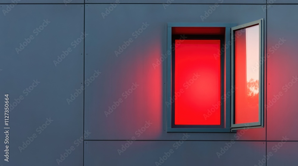 Poster illuminated window casting red light on modern glass wall with open frame during sunset creating a v