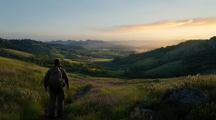 Obraz premium Hiker explores tranquil valley during golden hour in nature