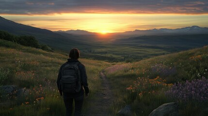Obraz premium Hiker enjoying sunset over a vibrant mountain valley