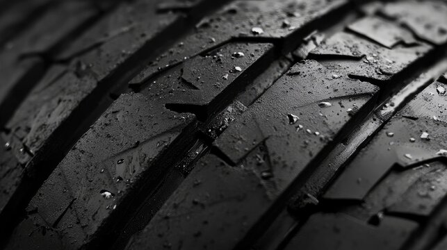 Close-up of wet recycled rubber tire texture showcasing detailed tread patterns and moisture for automotive or environmental themes.