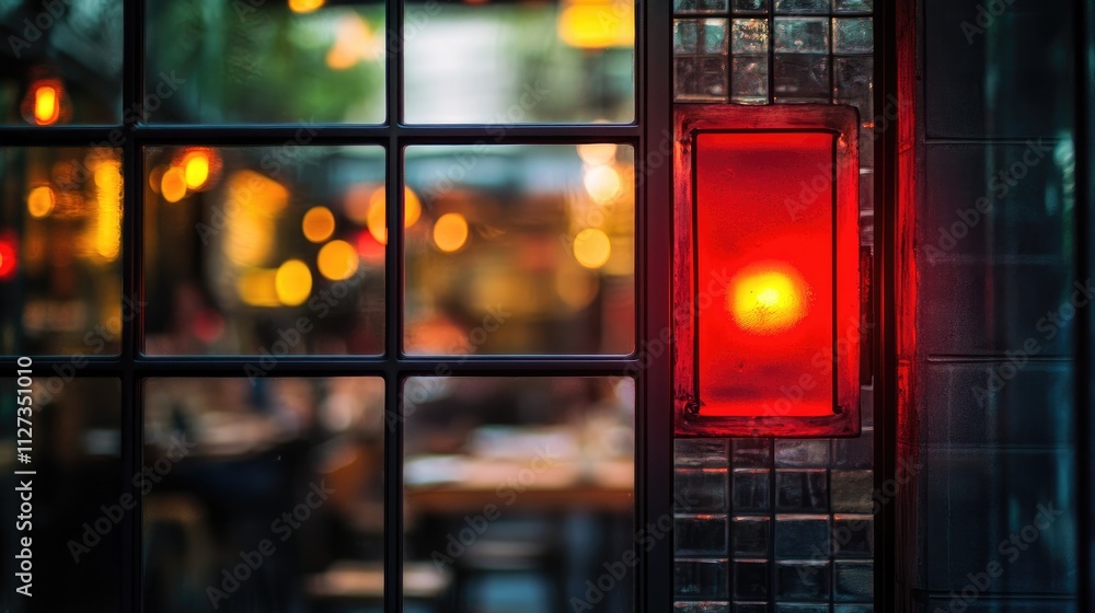 Poster red light illuminating glass wall and open window creating a warm ambient glow in a cozy indoor sett