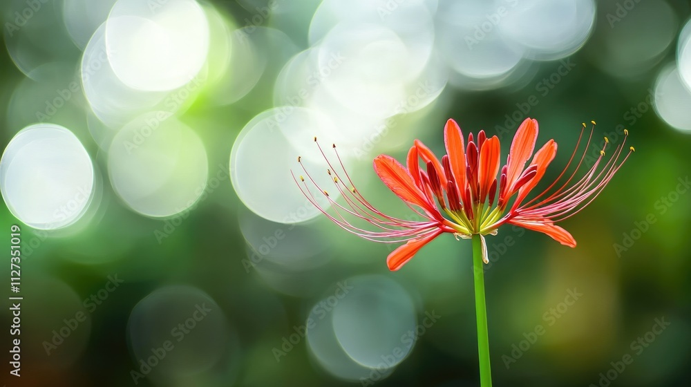 Poster red flower on a green blurred background with bokeh lights creating a natural and vibrant atmosphere