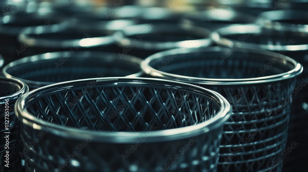 Poster metal baskets stacked in retail store display showing ornate design and texture in a modern shopping