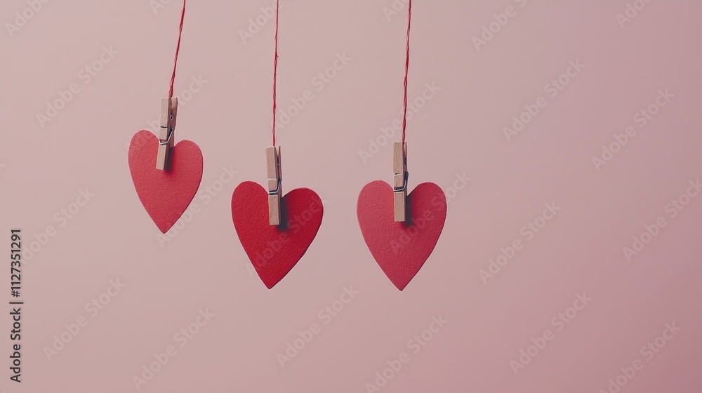 Aufkleber three red hearts are hanging from clothespins on strings against a pink background, creating a simpl