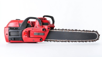 Fototapeta premium Red electric chainsaw with a black blade isolated on a clean white background showcasing its professional design and features.