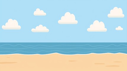 Minimalist vector illustration of a sunny beach with blue sky and fluffy white clouds over a calm ocean, creating a serene and peaceful summer vacation vibe