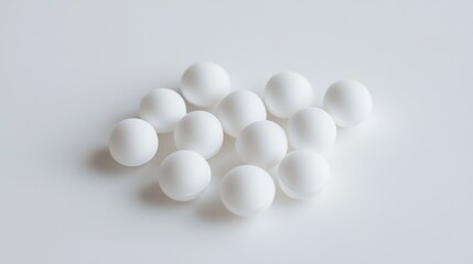 White round pills arranged on a clean white background for pharmaceutical and medical concepts in advertising and health promotions.