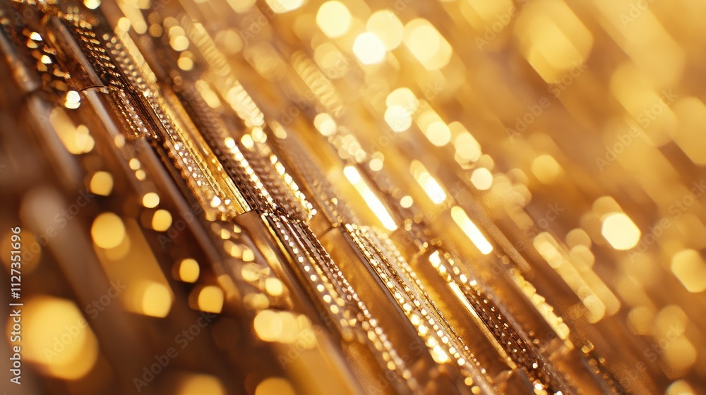 Poster close-up of illuminated metallic keyboard keys with a bokeh background creating a warm, luxurious at