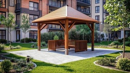 Wooden gazebo in a landscaped residential courtyard providing a recreational space for leisure and relaxation in a modern building setting