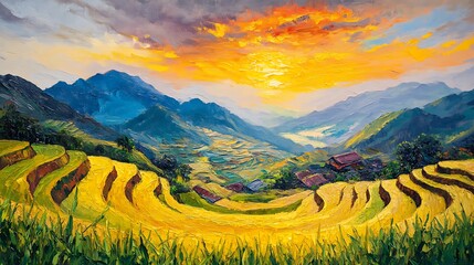 Vibrant sunset over terraced rice fields in mountainous landscape.