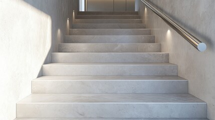 Modern concrete staircase with marble finish featuring metal handrails and stylish lighting accents for contemporary architecture design.