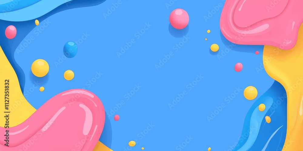 Poster colorful abstract background featuring dynamic, flowing shapes in pink, yellow, and blue, complement