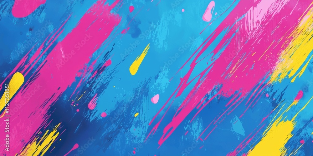 Poster pink, blue and yellow brushstrokes are dynamically intersecting, creating a vibrant and energetic ab