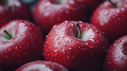 Close-up of fresh red apples with water droplets highlighting their vibrant color and textures in a natural setting.