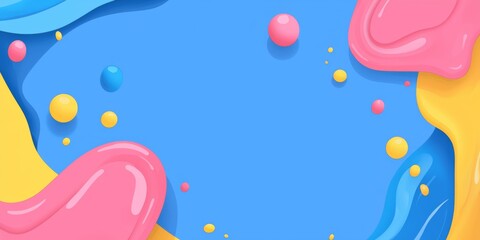 Fototapeta premium Colorful abstract background featuring dynamic, flowing shapes in pink, yellow, and blue, complemented by floating spheres of varying sizes, creating a vibrant and playful visual