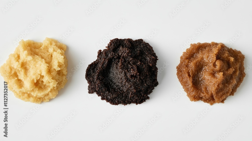 Poster assorted miso paste varieties displayed on a clean white background showcasing texture and color dif