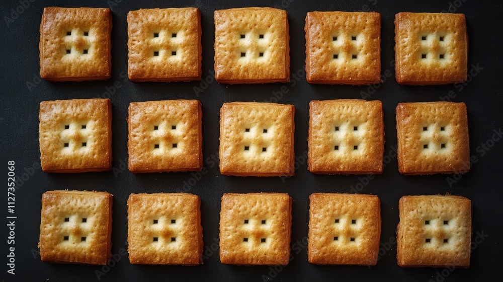 Aufkleber overhead view of neatly arranged golden biscuits with unique square shapes and distinctive patterns 