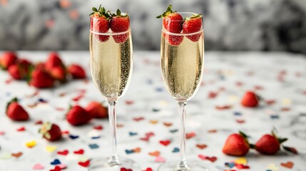 Two glasses of champagne with strawberries on the rim, set on a table covered with heart-shaped confetti