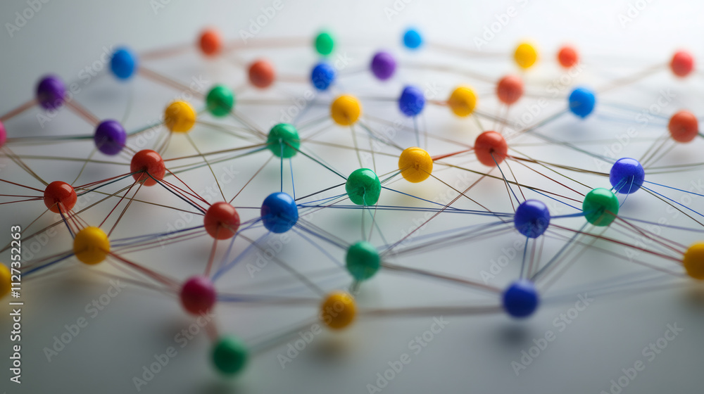 Poster network of colorful spheres connected by wires, symbolizing global communication and interconnected 