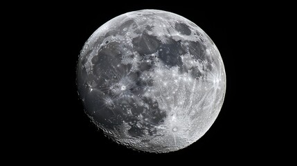 Fototapeta premium Full moon in darkness showcasing lunar surface details and craters against a black background, highlighting Earth's natural satellite beauty.