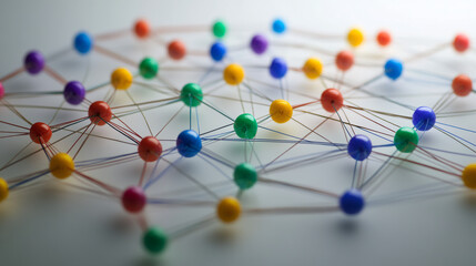 Obraz premium Network of colorful spheres connected by wires, symbolizing global communication and interconnected systems