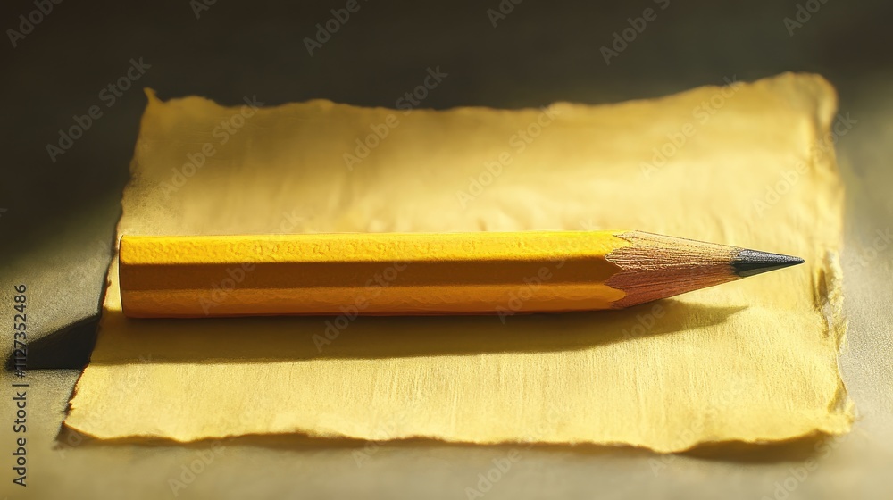 Aufkleber pencil resting on a textured yellow paper note in soft natural light creating an inviting workspace 