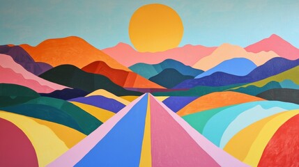 Vibrant illustration of a colorful road leading towards a range of mountains, bathed in the warm glow of a setting sun, creating a picturesque and abstract landscape
