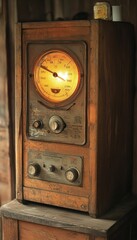 An antique wooden device with a glowing gauge and knobs, likely an old radio or measurement tool.