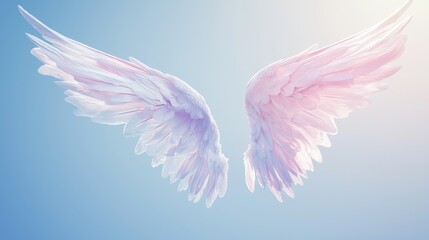 Fototapeta premium Large white feathered angel wings spread open against a gradient blue and pink sky background, creating a celestial and ethereal atmosphere
