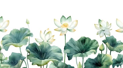 Watercolor painting of lotus flowers and leaves on white background.