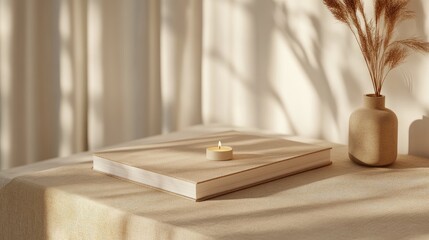 Obraz premium Elegant magazine mockup featuring a minimalist candle on a beige table with soft shadows and delicate floral accents in natural light.
