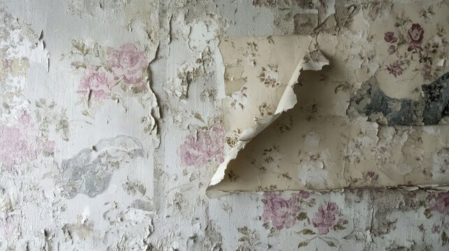 Removing vintage floral wallpaper from a distressed wall in preparation for home renovation and interior restoration projects.