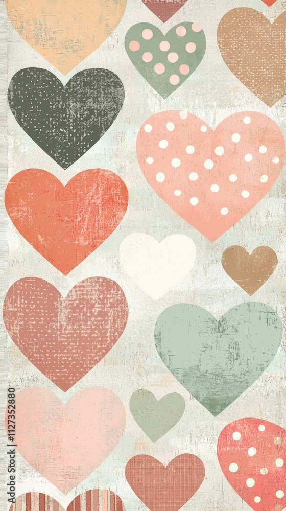 Poster romantic illustration featuring a vertical arrangement of colorful hearts in various patterns and te