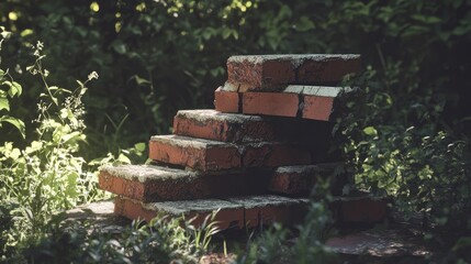 Stack of weathered red bricks nestled in greenery outdoors showcasing rustic textures and natural light ambiance