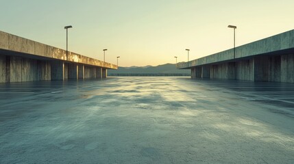 Obraz premium Futuristic panoramic concrete parking lot at sunrise with empty spaces and industrial lighting elements for modern urban settings