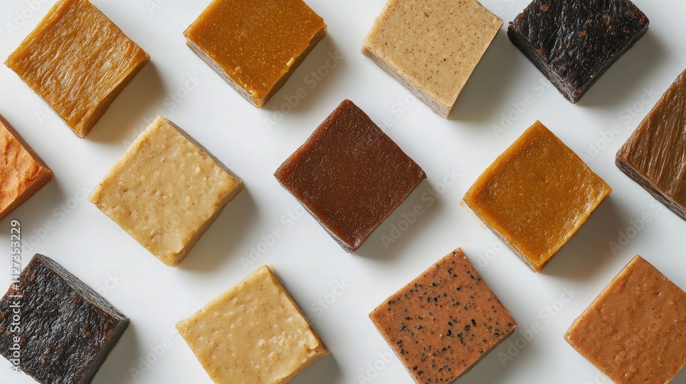 Poster variety of miso paste cubes arranged on a white background showcasing different textures and colors 