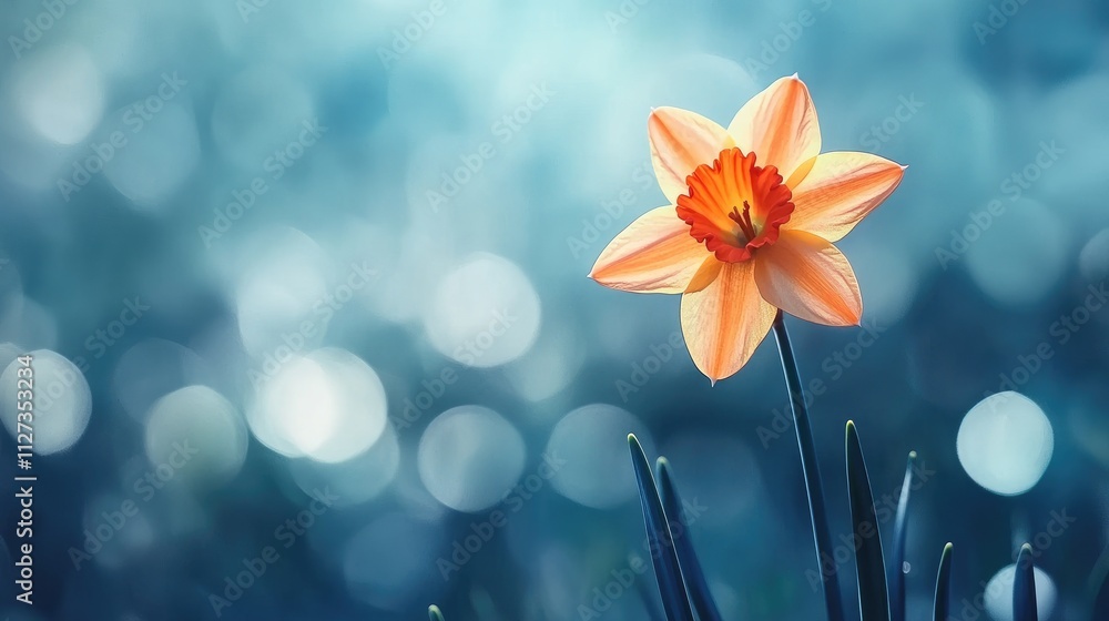 Poster orange daffodil flower in macro detail with a soft blue bokeh backdrop creating a serene and calming