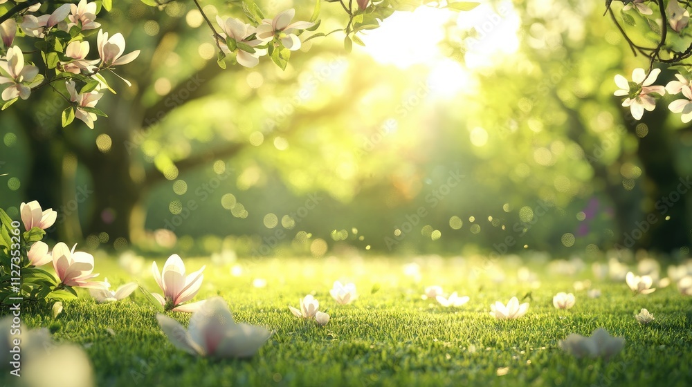Poster Magnolia flowers blooming in a sunny green park creating a serene spring atmosphere with soft bokeh background and gentle light effects.