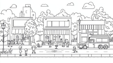 Charming Town Street Scene: Black and white illustration of a quaint town street, featuring charming shops, trees, and playful characters. Perfect for children's books, coloring pages.