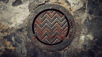 Rusty metal manhole cover featuring zigzag pattern and parallel lines with textured detail against a worn concrete background