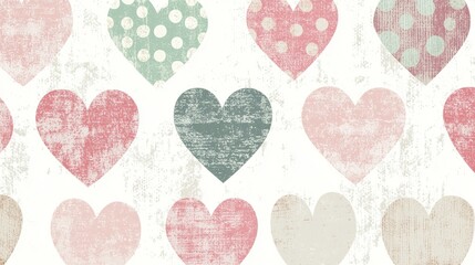 Romantic background featuring a pattern of pastel-colored hearts with various textures and polka dots, evoking feelings of love, affection, and vintage charm