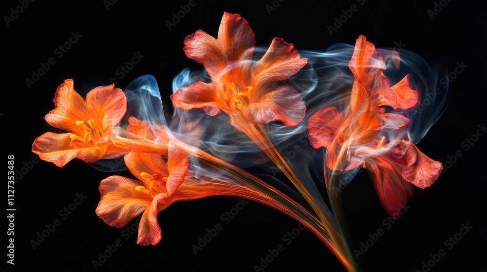 Poster vibrant macro shot of lychnis chalcedonica flowers with ethereal smoke against a dark background cre