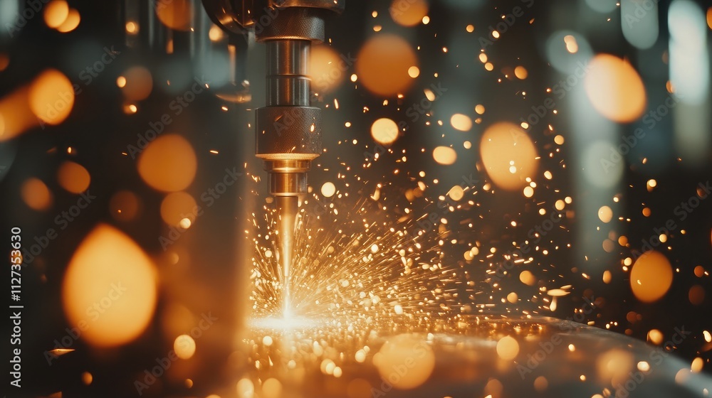 Poster closeup of metal drilling process creating sparks in a workshop with blurred background highlighting
