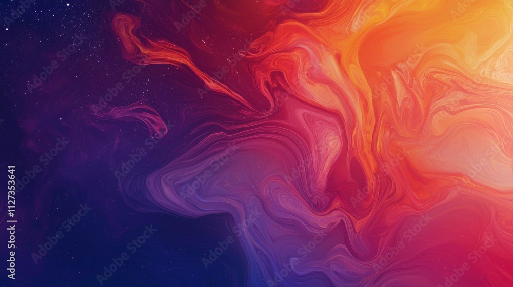 Poster abstract painting blending warm and cool colors, creating a vibrant and dynamic artwork with a cosmi