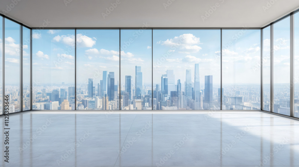 Poster empty office space filled with natural light and stunning cityscape views from panoramic windows