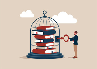 Stack of books captured in a birdcage. Businessman open inaccessible knowledge. Modern flat vector illustration.