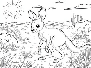 Obraz premium Kangaroo Coloring Page: A charming kangaroo joey stands in a vibrant desert landscape, perfect for coloring and sparking imagination. 